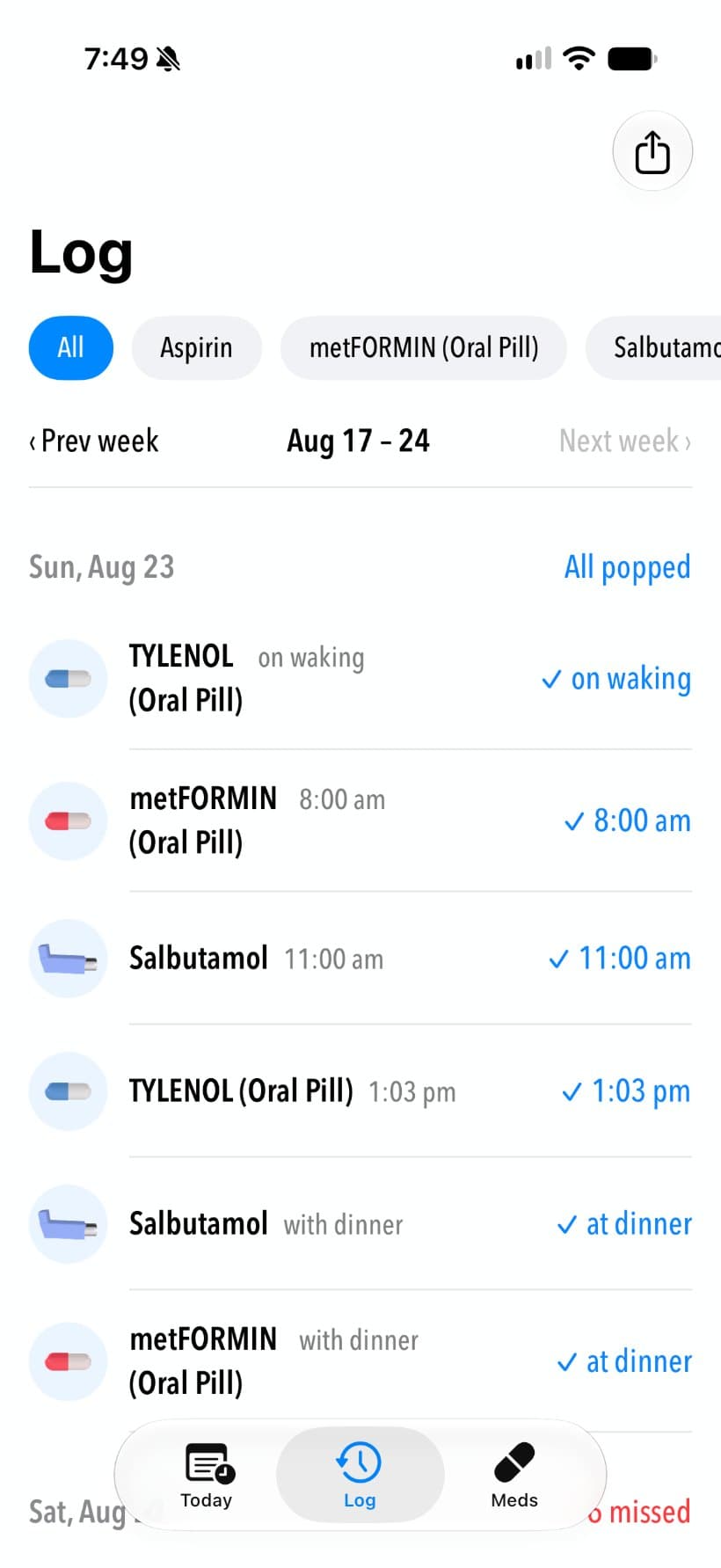 The Log tab with a week of doses