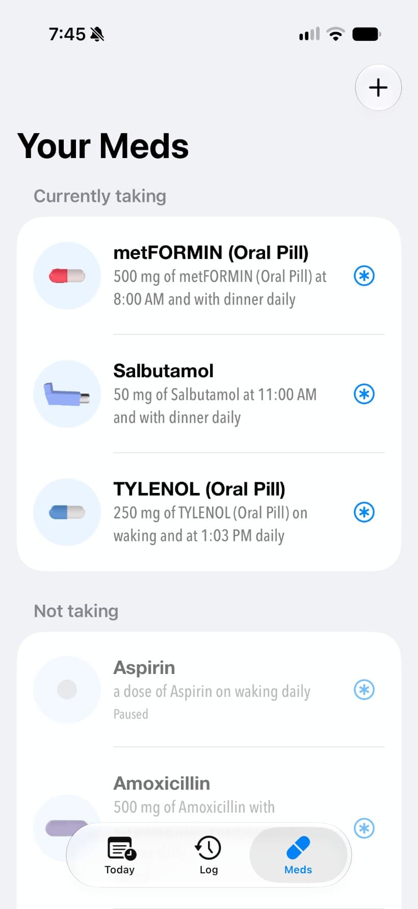 Your Meds list with plain-language schedules