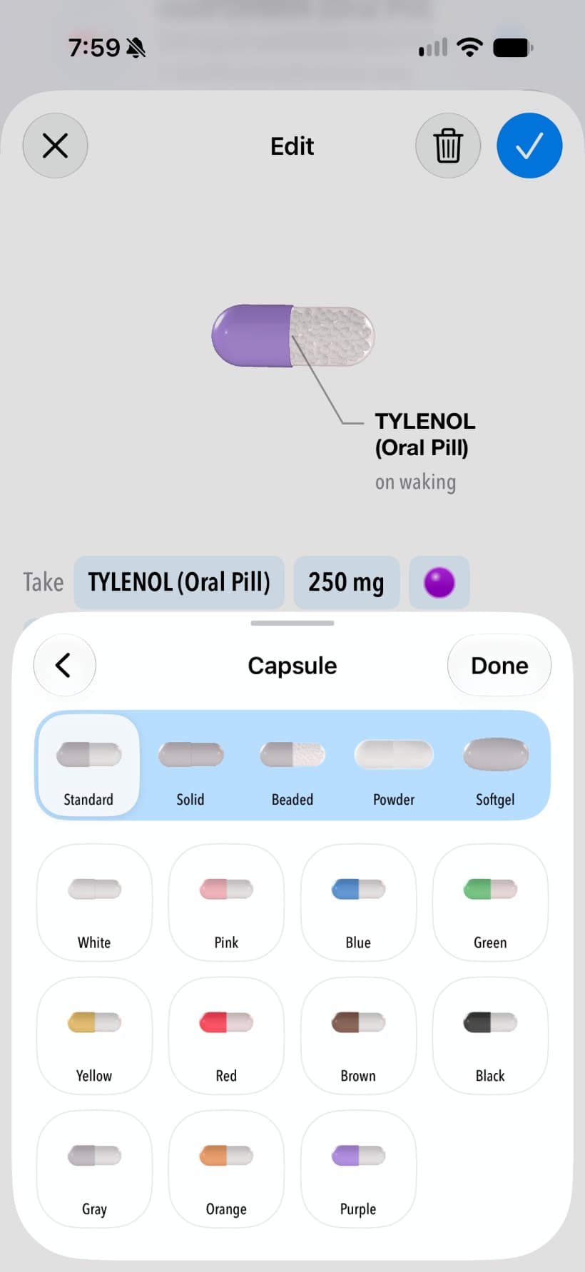 Choosing a pill shape and colour