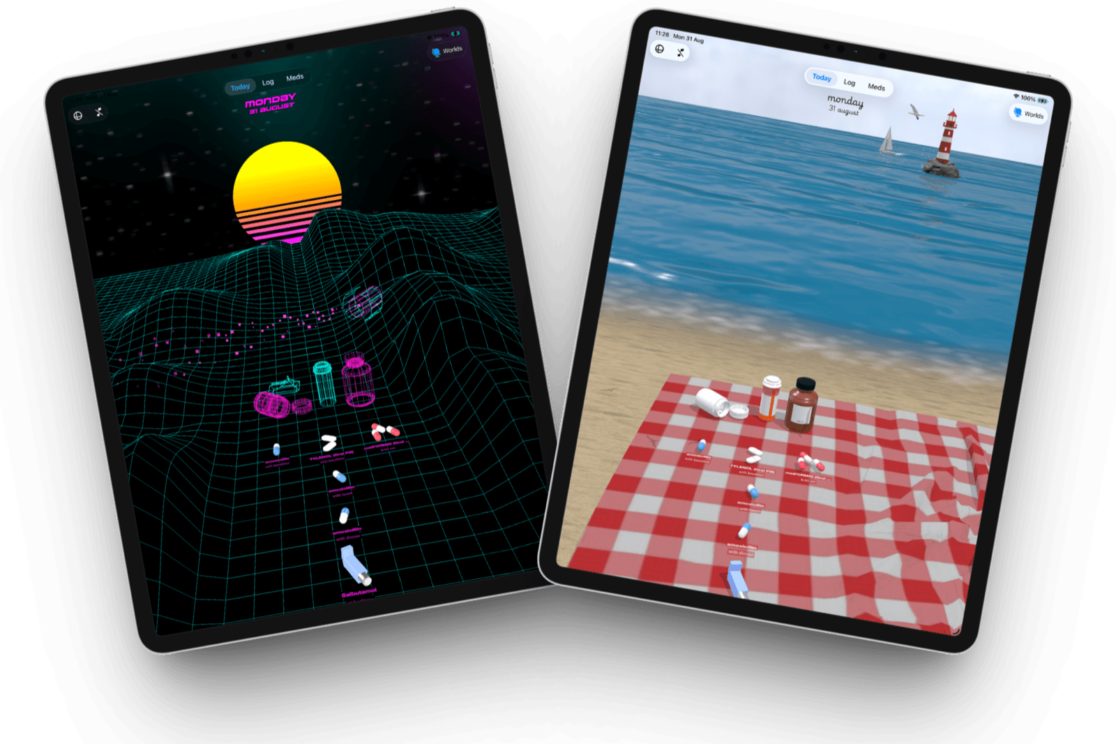 Poppit running on two iPads, showing the Beach and Retro 1984 Worlds