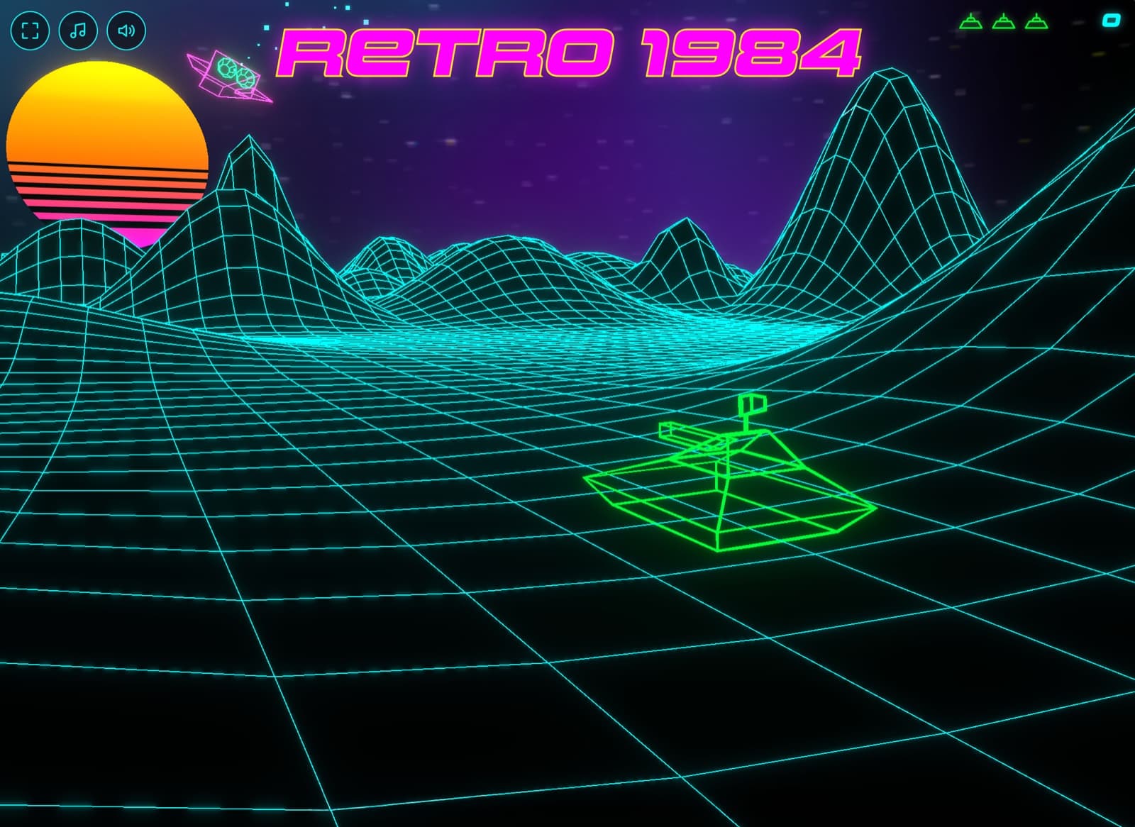 Retro 1984 in play: a green wireframe tank on a neon synthwave grid, with a striped sun, wireframe hills and a spaceship overhead